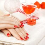 red manicure with dekor. spa